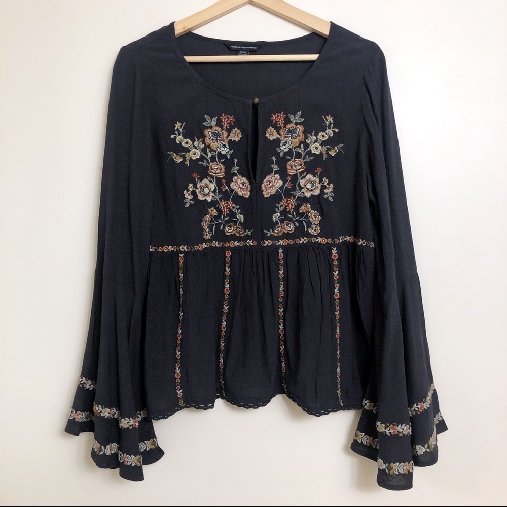 AEO | Boho Floral Bell Sleeve Embroidered Blouse